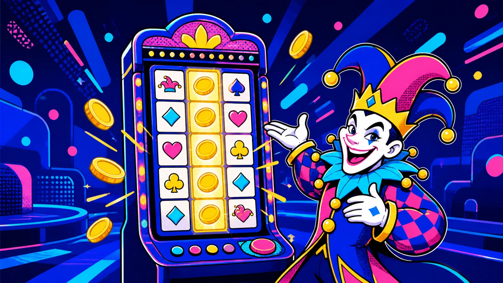 Joker de estilo arcade junto a un tablero vertical de tres por cinco