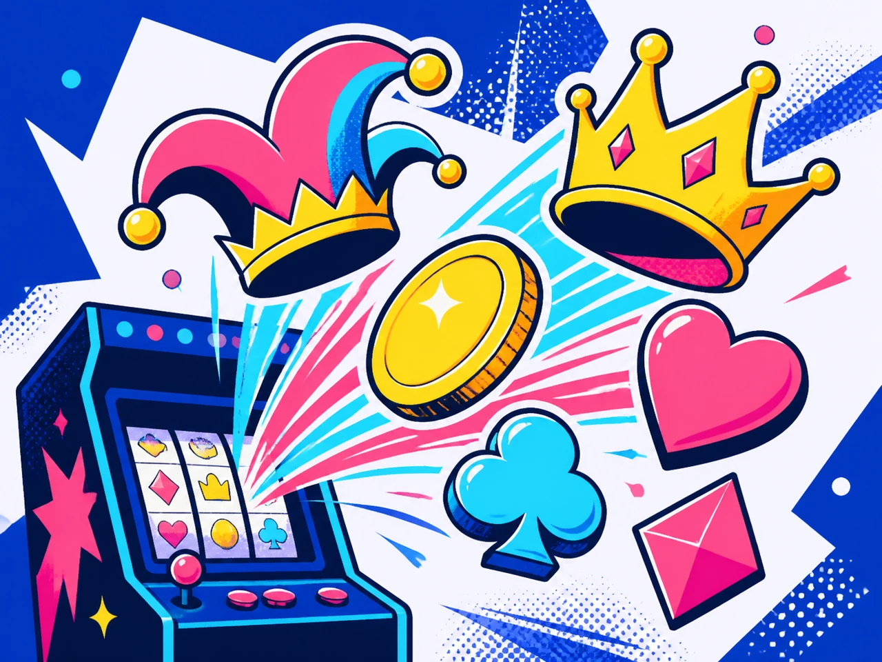 Corona, monedas y palos de cartas alrededor de un gabinete arcade